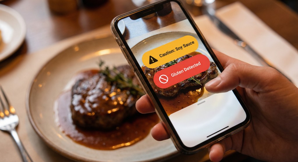 Phone scanning a steak dinner